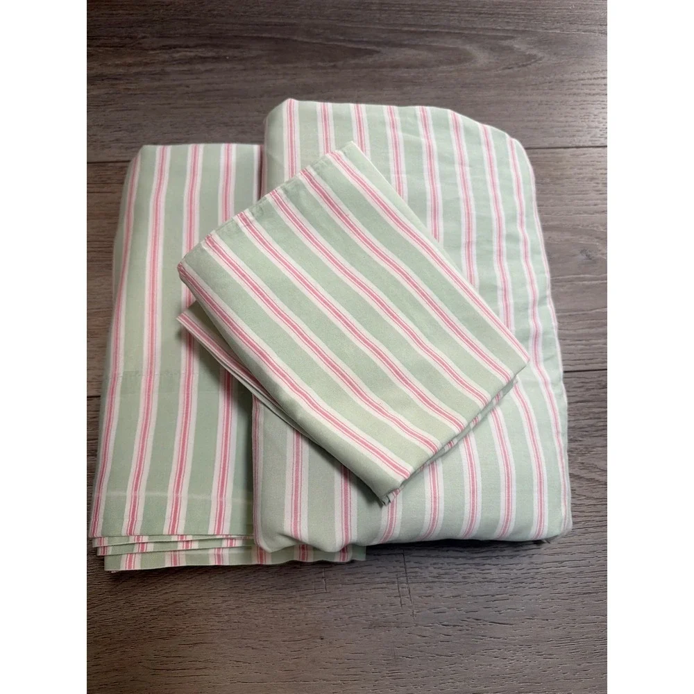 Ralph Lauren Home Sage Green and Pink Jitney Striped 3pc Queen Sheet